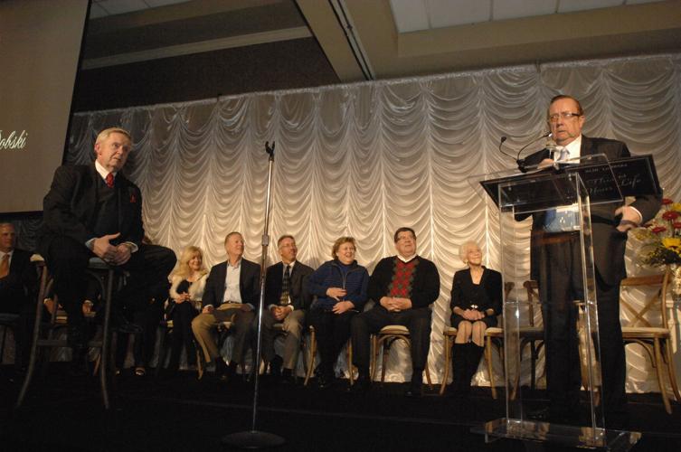 Bob Dobski, Linda and Bill Dowling, Tom Orrick, Marlene and Larry Deitz, Miss Janet Hayslip-Streenz, Tony Dobski at the podium