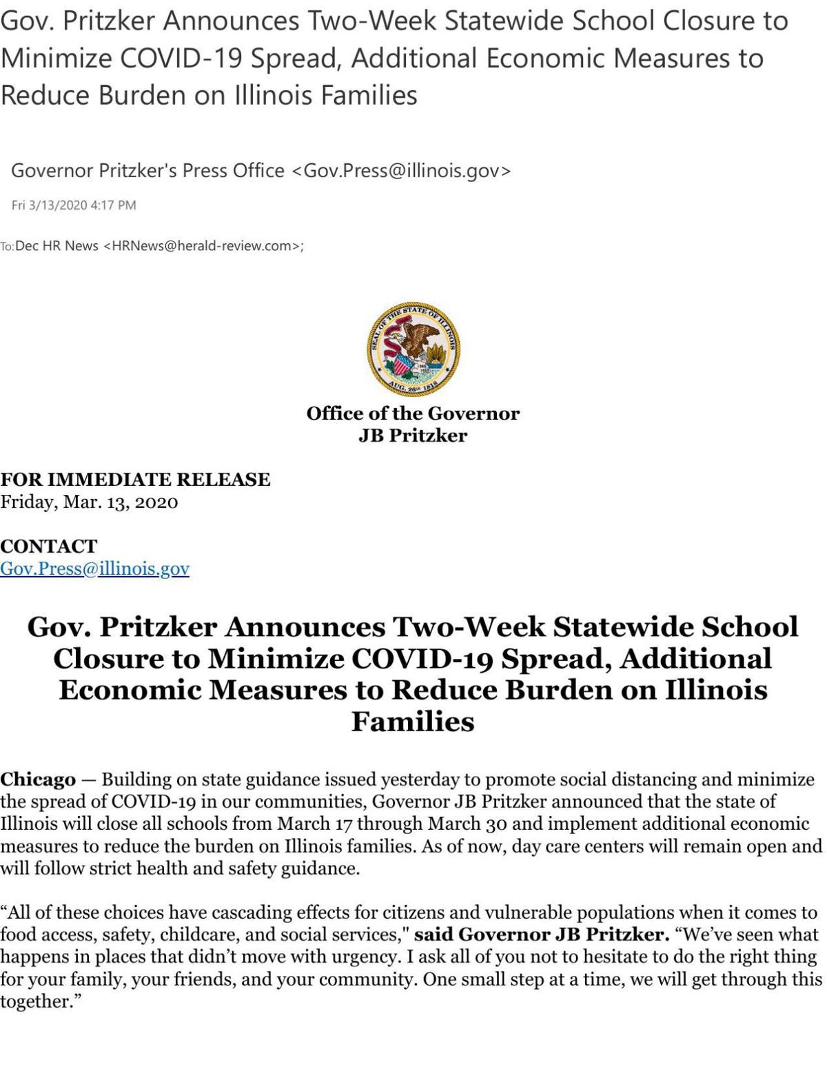 Gov Pritzker Announces Two Week Closure Of Illinois Schools Read