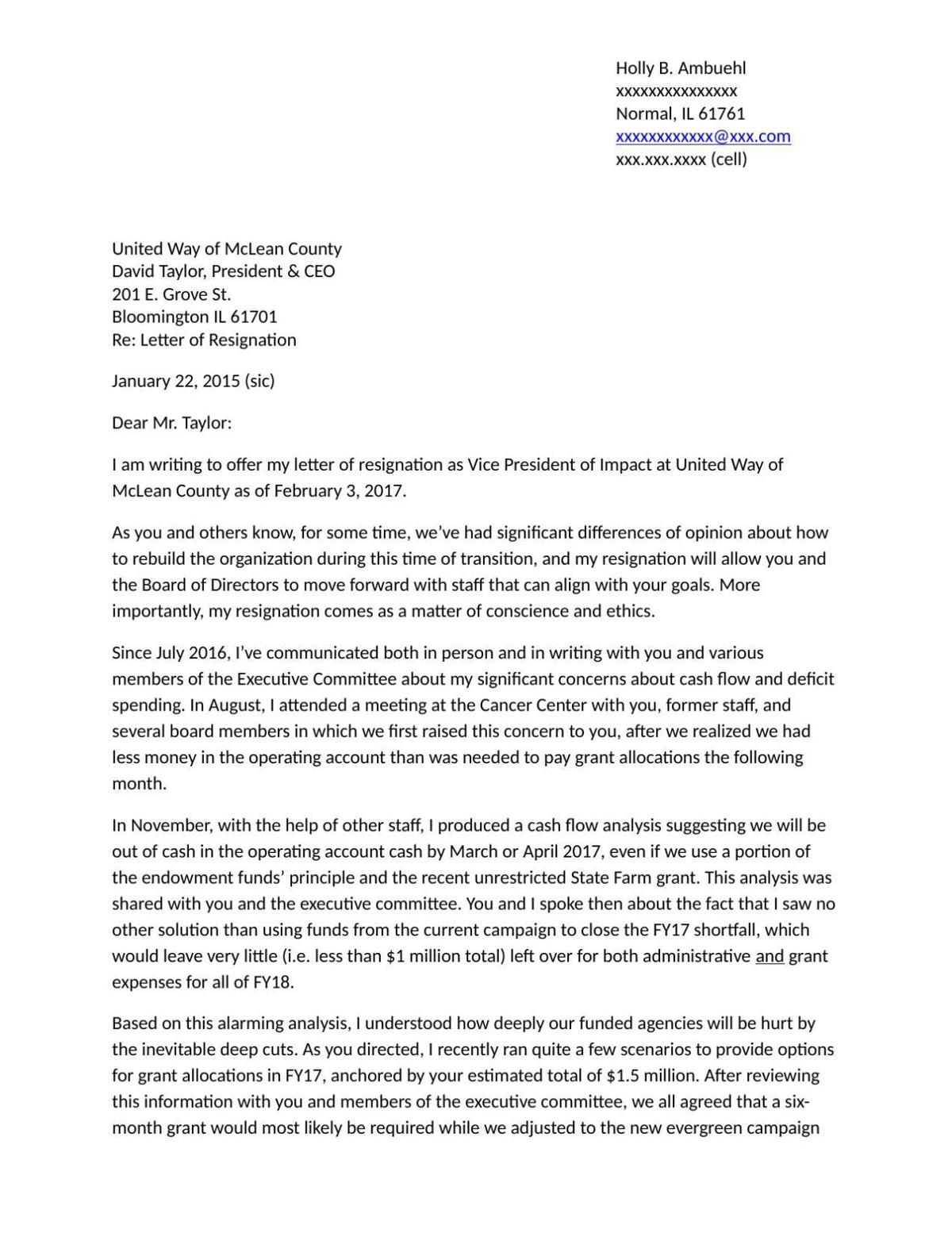 Text of Holly B. Ambuehl's resignation letter ... Text of Holly B. Ambuehl's resignation letter ...