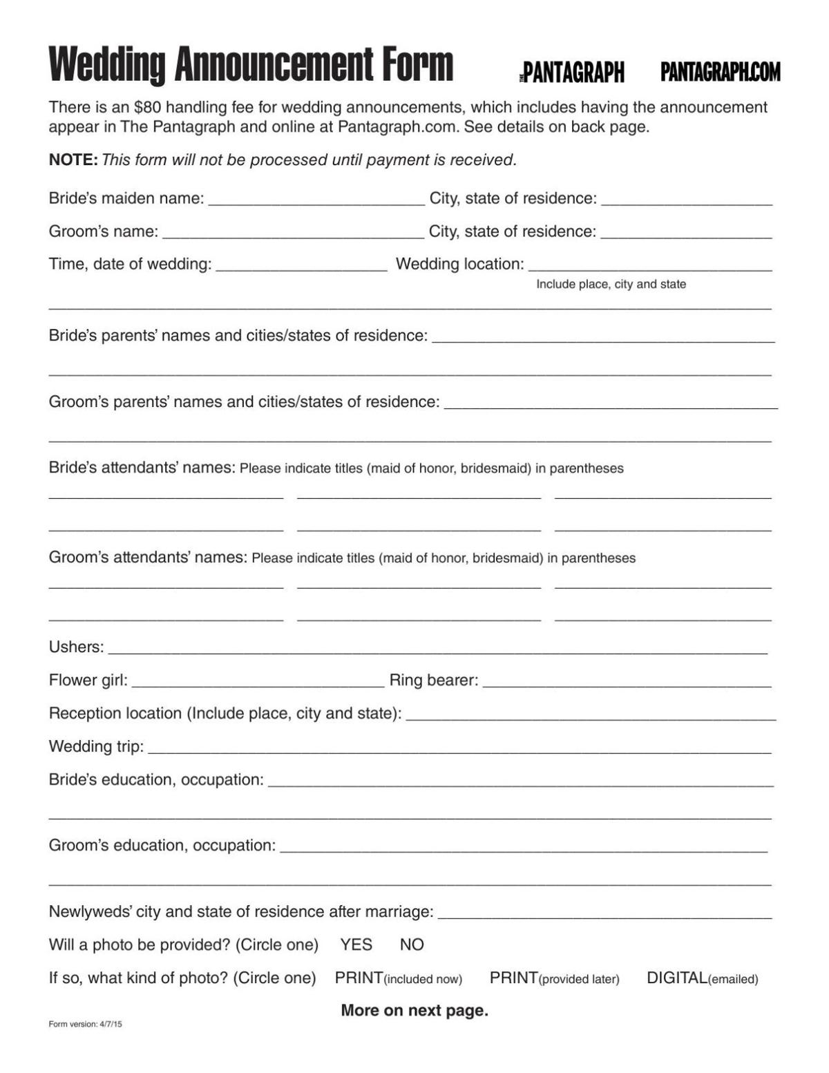 Wedding announcement form