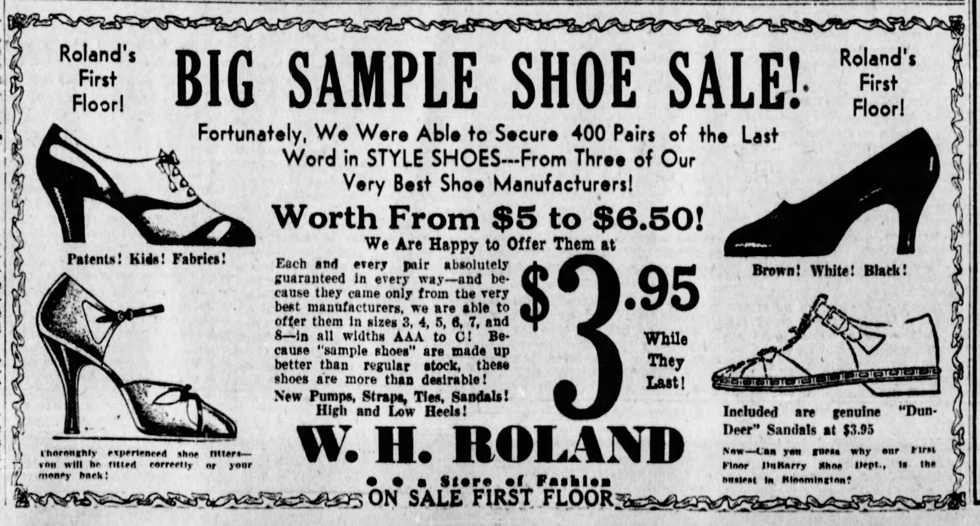 Vintage Pantagraph newspaper shoe ads from 1890s to 1990s