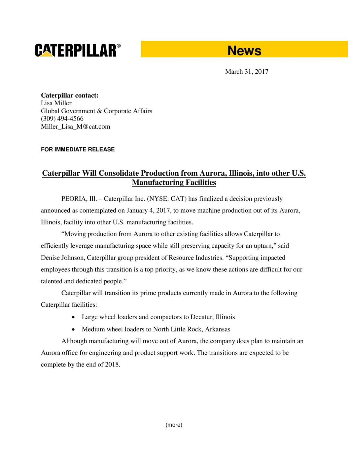 Press release on Caterpillar Decatur plant