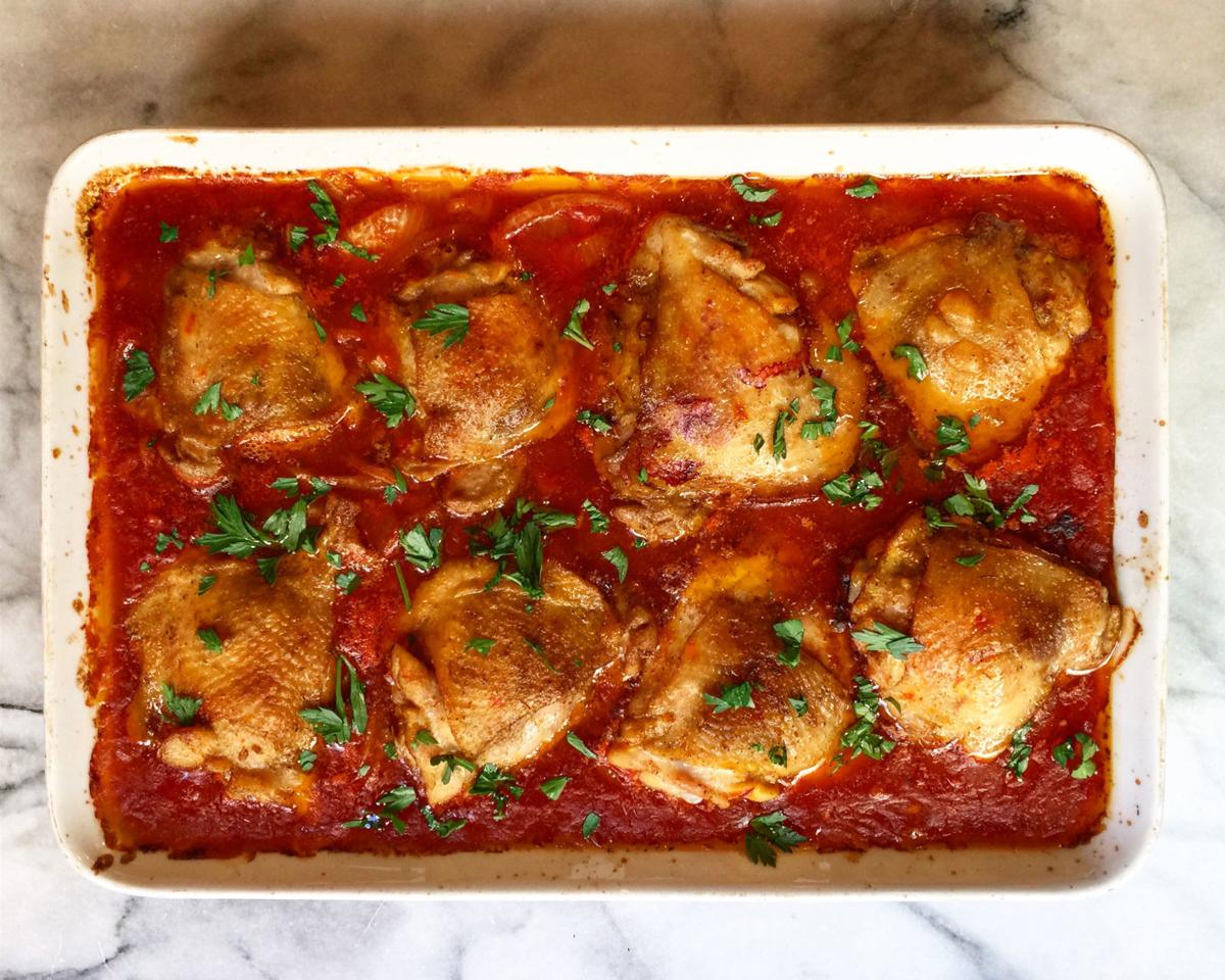 Quickbraised chicken thighs yield slowcooked flavor