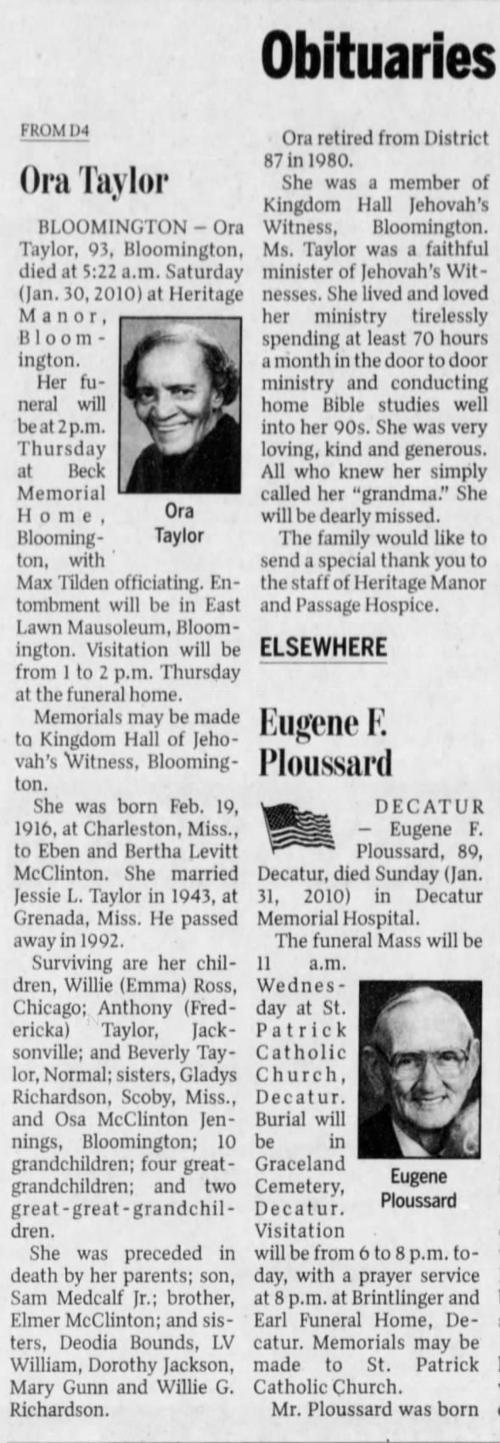 Mrs. Ora McClinton's newspaper obituary printed in the Pantagraph