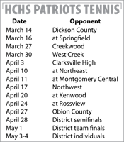 HCHS Patriots Tennis Calendar