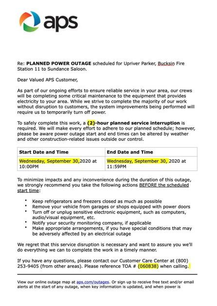 Aps Has Outage Planned For Sept 30 In Upriver Area News Parkerpioneer Net