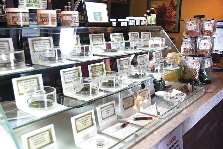 Dispensary products behind glass