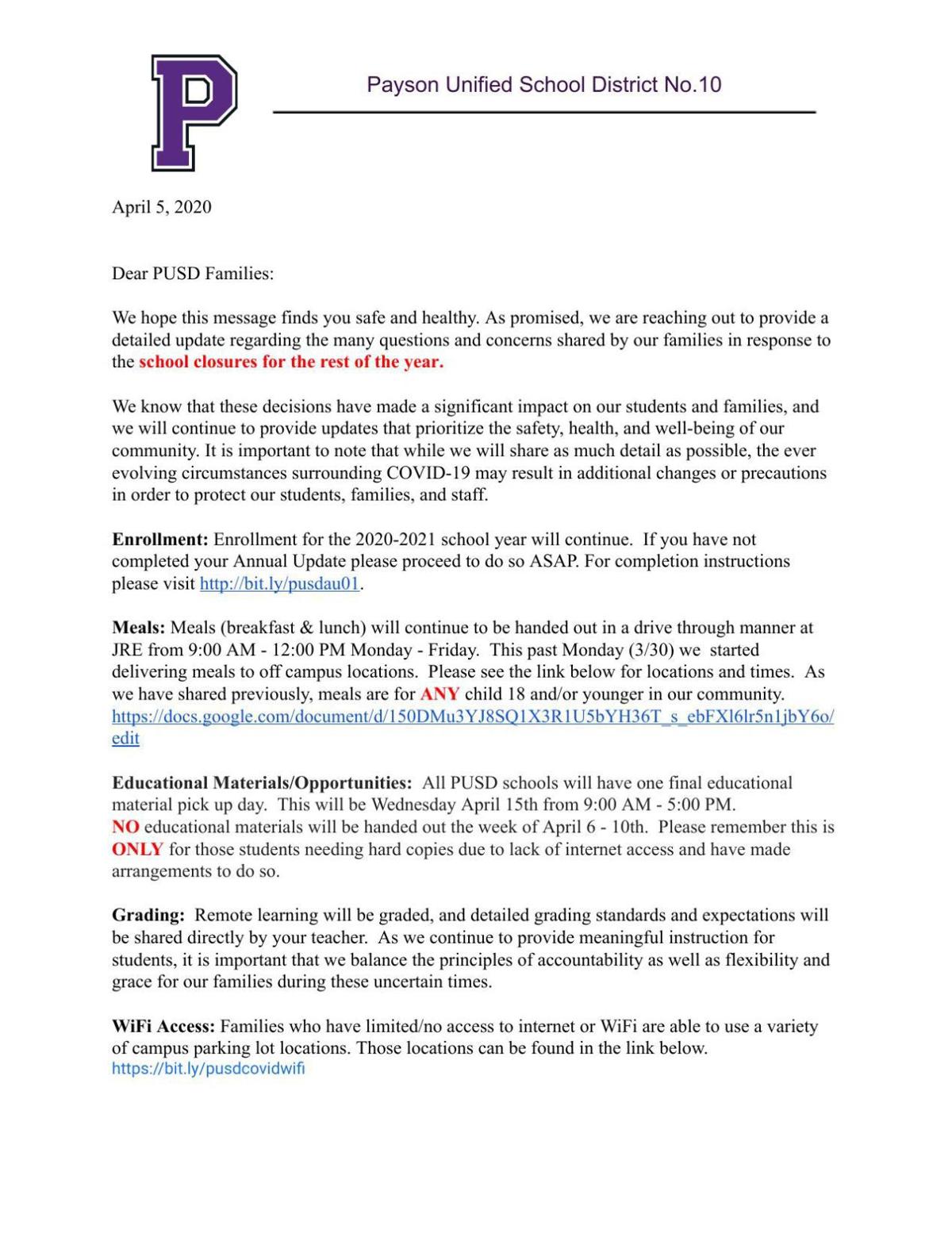 Letter to PUSD parents on how to continue with school work ...