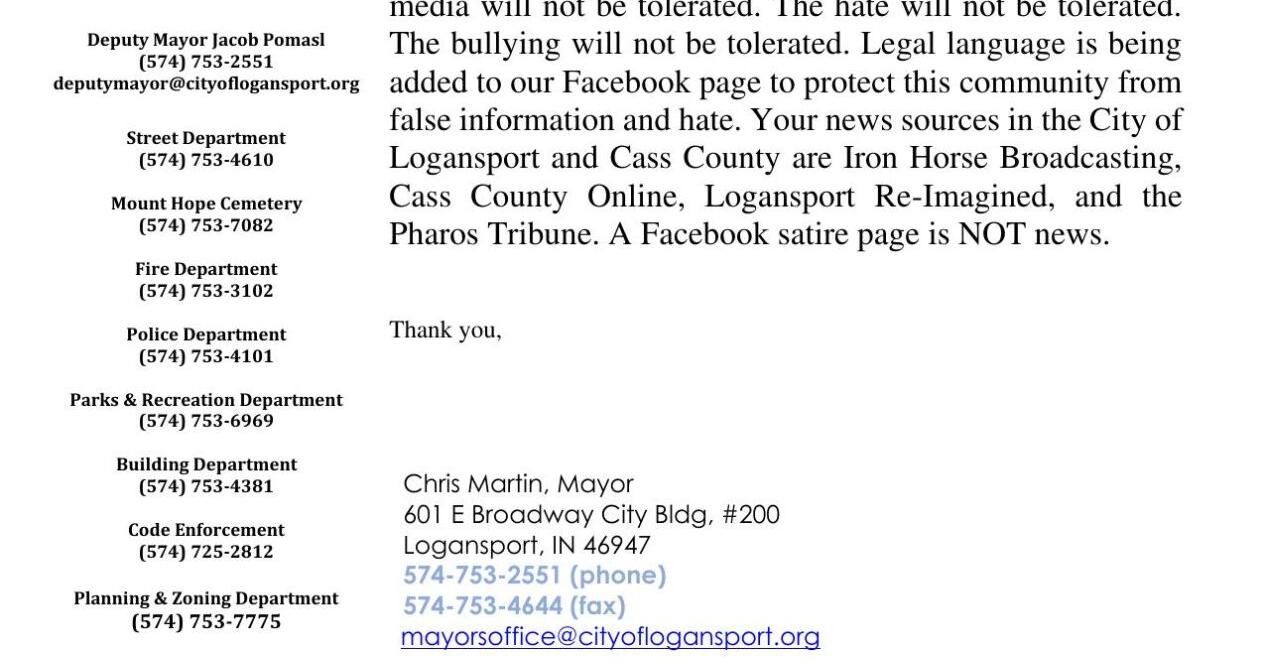 Logansport mayor releases statement on removal of city Facebook page - Vimarsana News