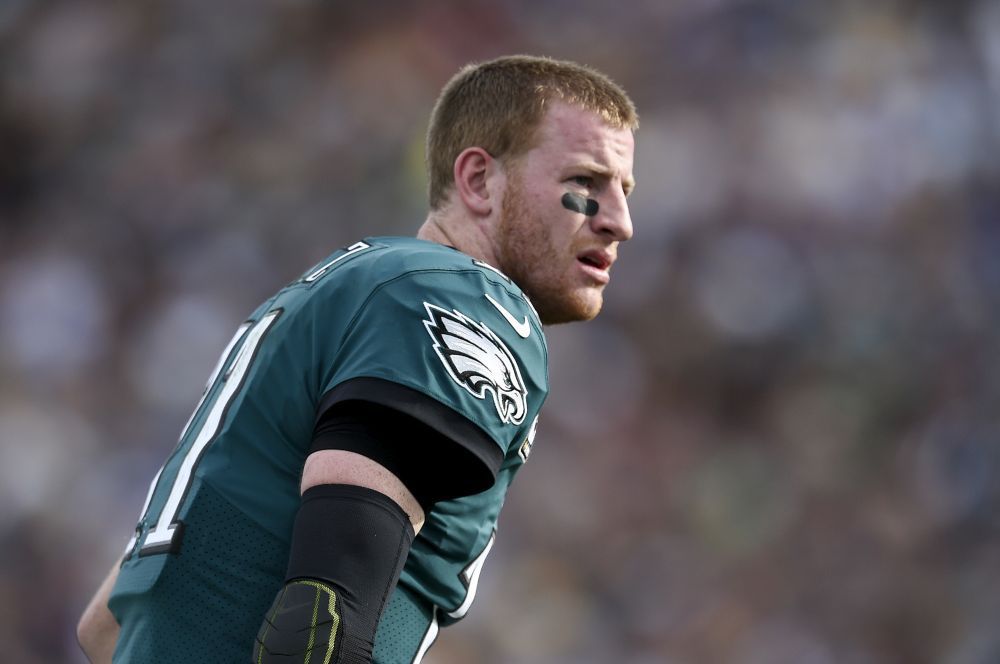 Philadelphia Eagles quarterback Carson Wentz plays against the Los Angeles  Rams during the first half of an NFL football game Sunday, Dec. 10, 2017,  in Los Angeles. (AP Photo/Kelvin Kuo)