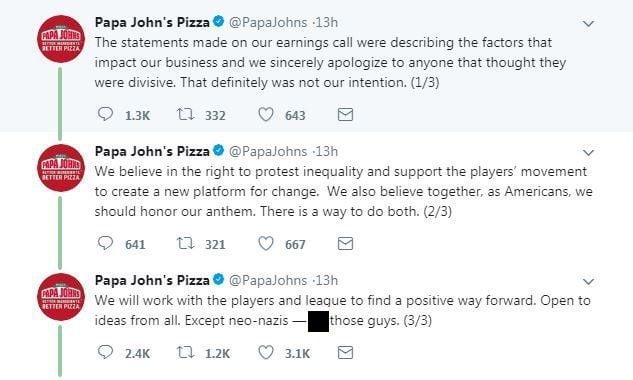 Papa John's issues weak apology after blaming NFL protests for drop in  sales 