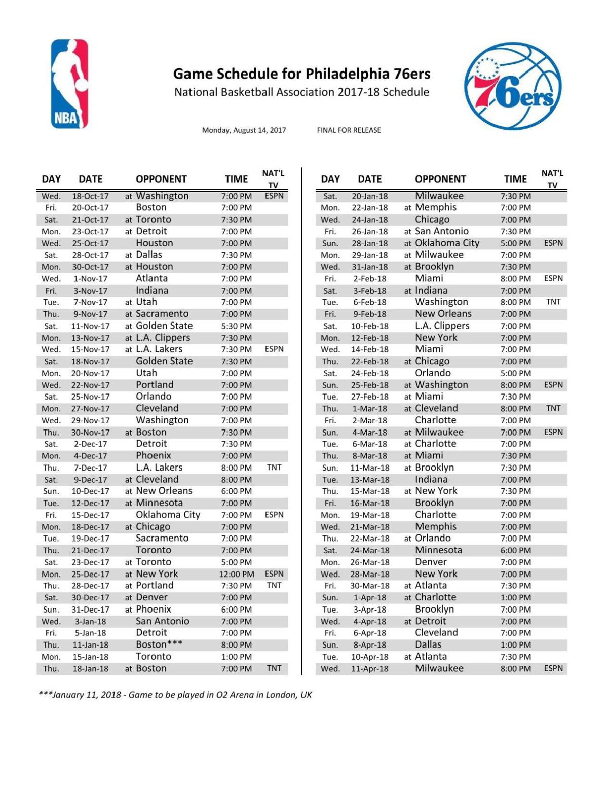 Sixers Schedule Printable Printable World Holiday
