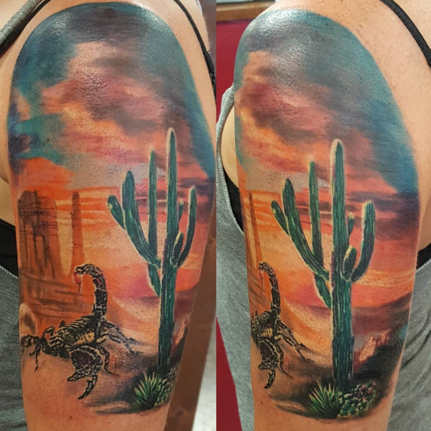 Desert landscape tattoo done by JC Hill at Ink Inc. in McKinney, TX. I told  him what I wanted (including the javelina), and he came up with this. : r/ tattoo