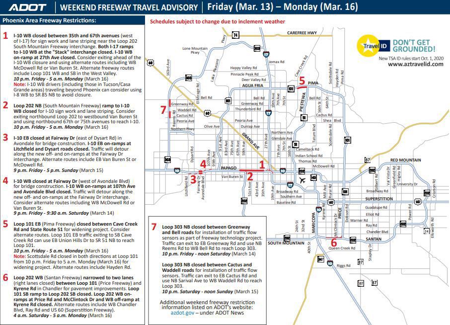 Adot Road Closures Map Adot S Weekend Road Closures March 13 16 Arizona News Pinalcentral Com