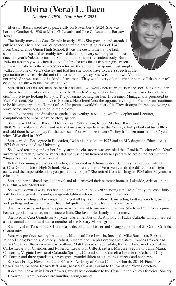 Elvira (Vera) L. Baca Obituaries