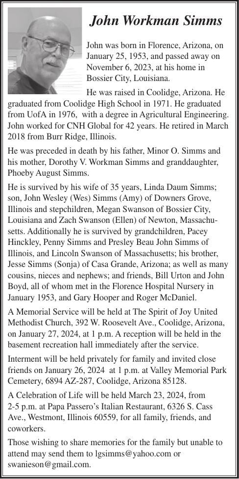 John Workman Simms | Obituaries | pinalcentral.com