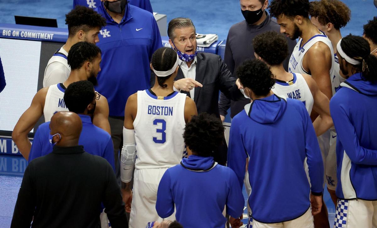 John Calipari the head coach of the Kentucky Wildcats gives instructions to his team against the Vanderbilt Commodores at Rupp Arena on January 05, 2021 in Lexington, Kentucky.