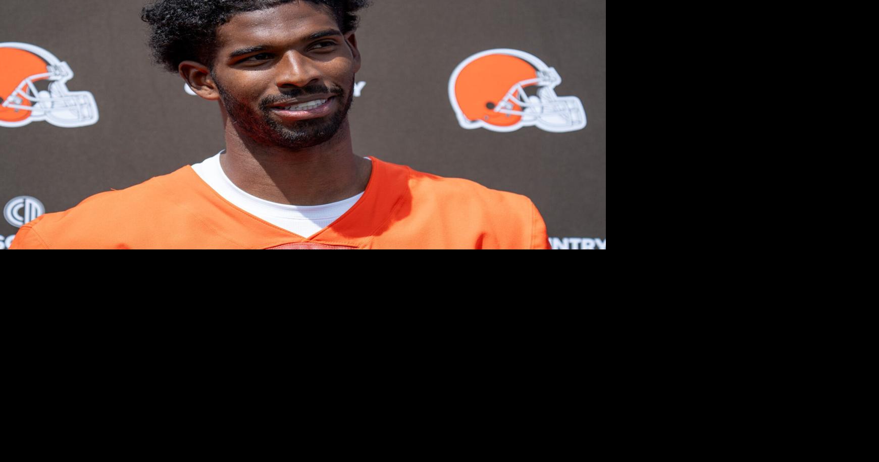 Shedeur Sanders answers media questions at the end of the Browns mini camp in Berea, Ohio, on April 21, 2026.