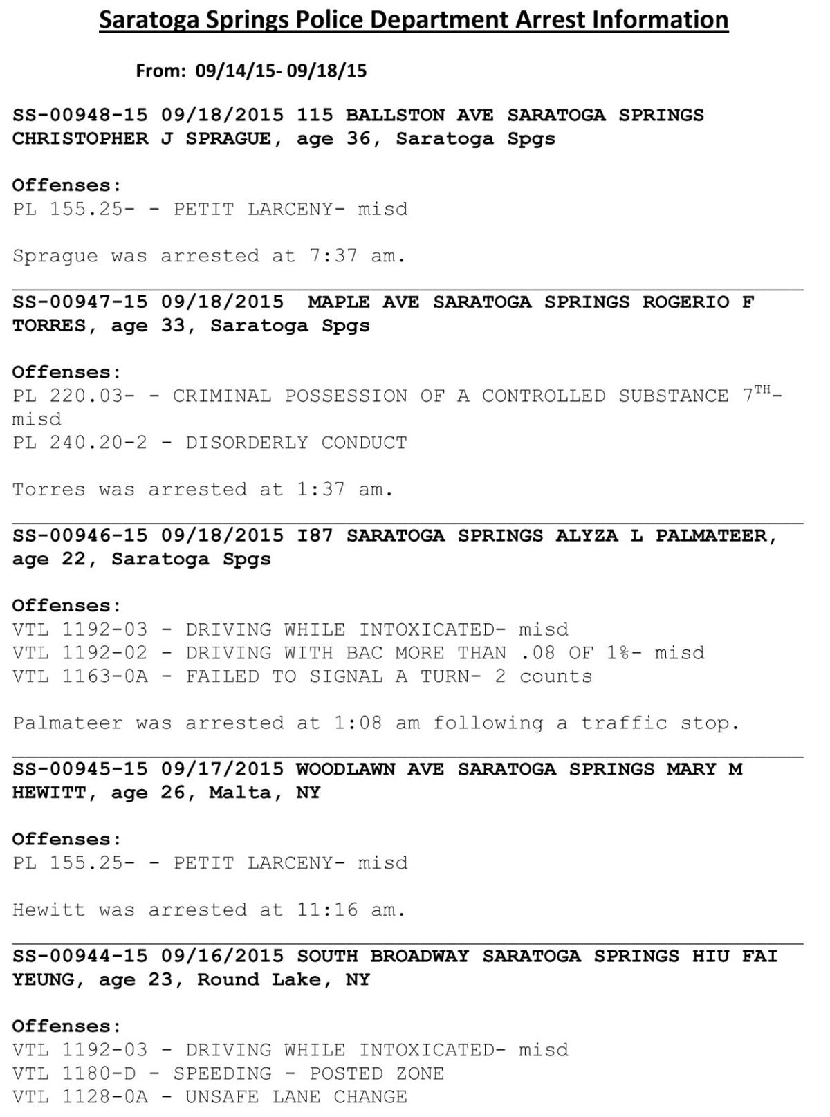 Saratoga Springs Arrests Sept 14 18 Local Poststar Com