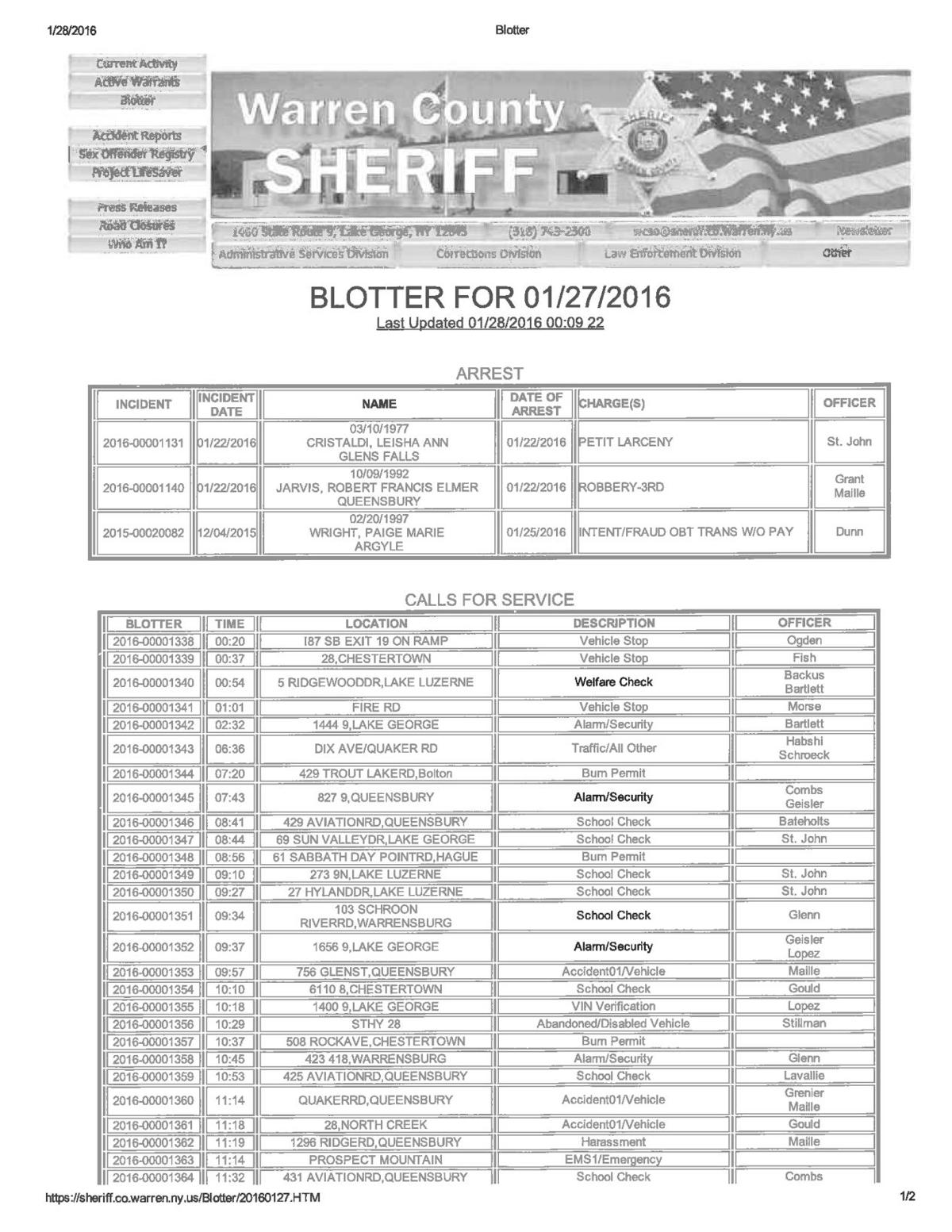 Warren County arrests, Jan. 27 Local