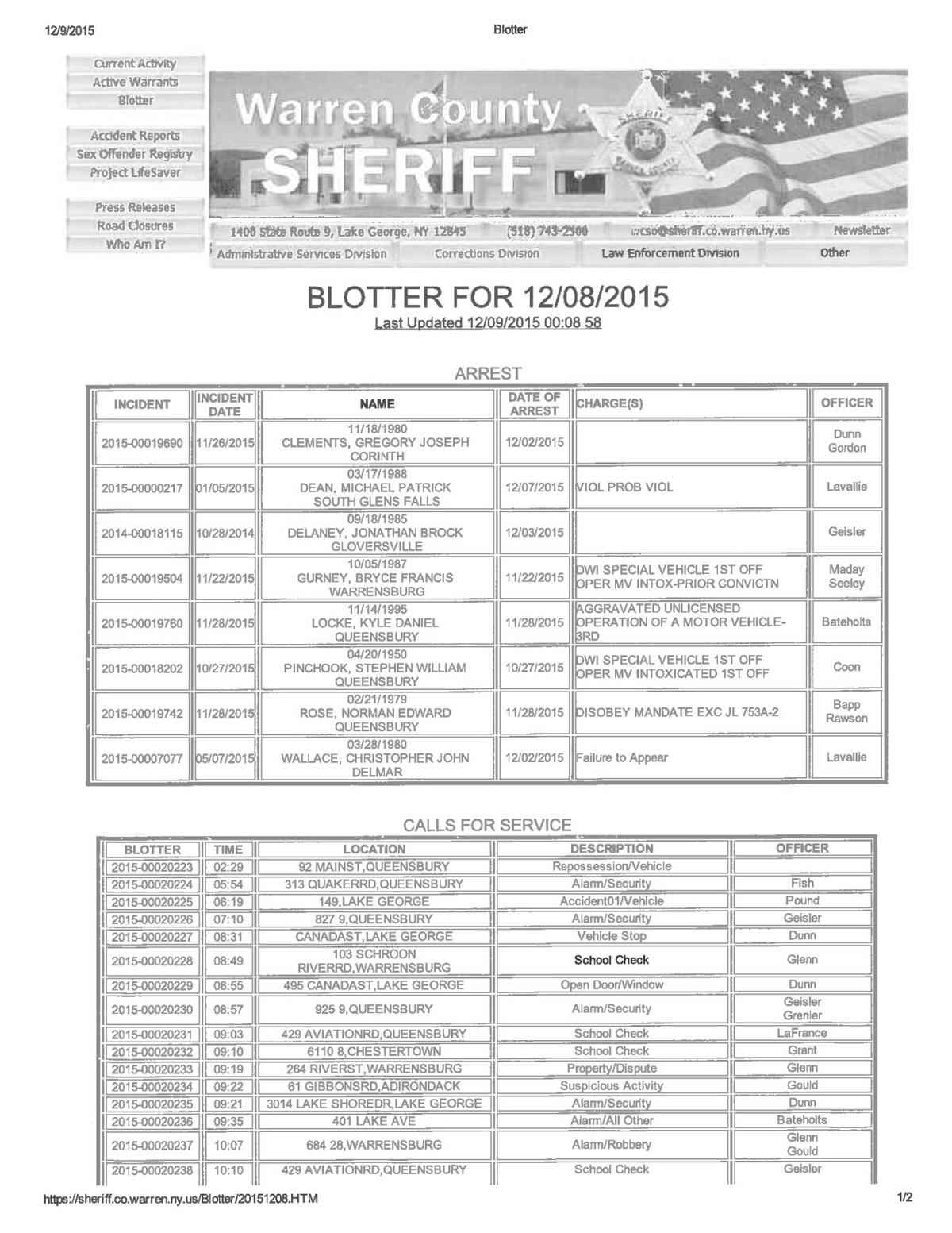 Warren County arrests and blotter, Dec. 8