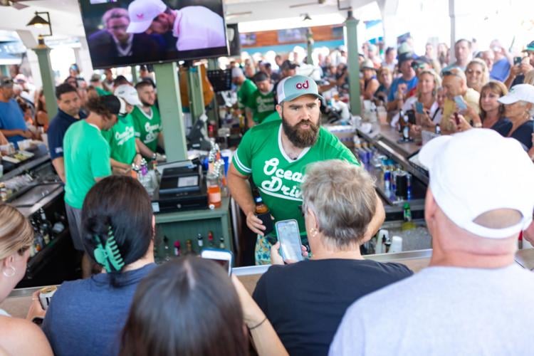 Jason Kelce celebrity bartending at shore for Eagles Autism Challenge