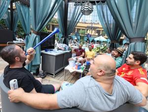 Crowd gathering at the pool at Harrah's Resort Atlantic City during World Cup final watch party on July 19, 2026