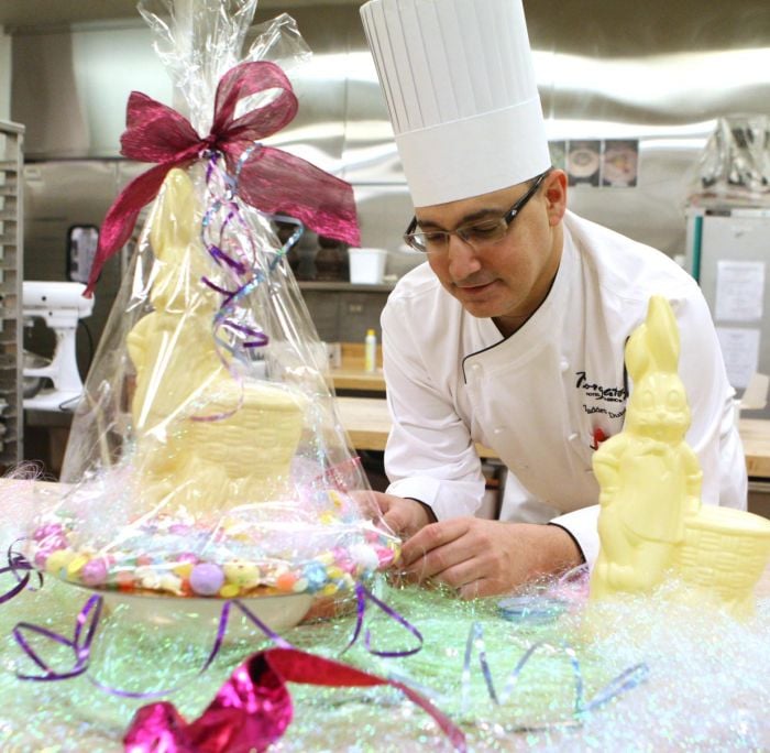 Chef Thaddeus Dubois preparing white chocolate bunnies at Borgata