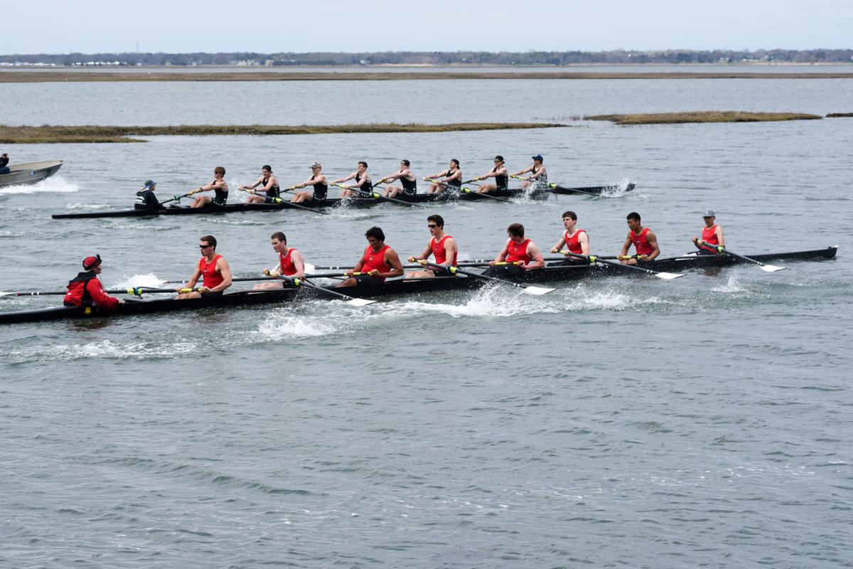 Mainland and Ocean City’s Varsity 8 crew battle it out to a photo finish during the First Annual Back Bay Challenge held at the Dr. John W. Holland Boathouse and along the mile stretch on Harvard Ave. in Ventnor. Dave Griffin / for the Press