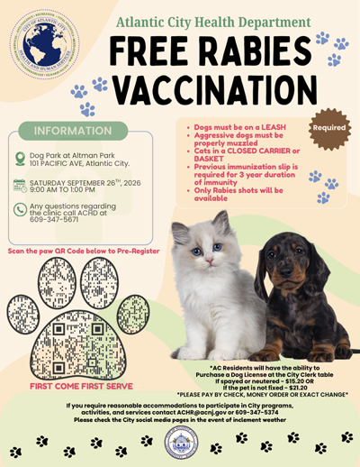 Free Rabies Vaccination Clinic September 26 for Atlantic City Residents
