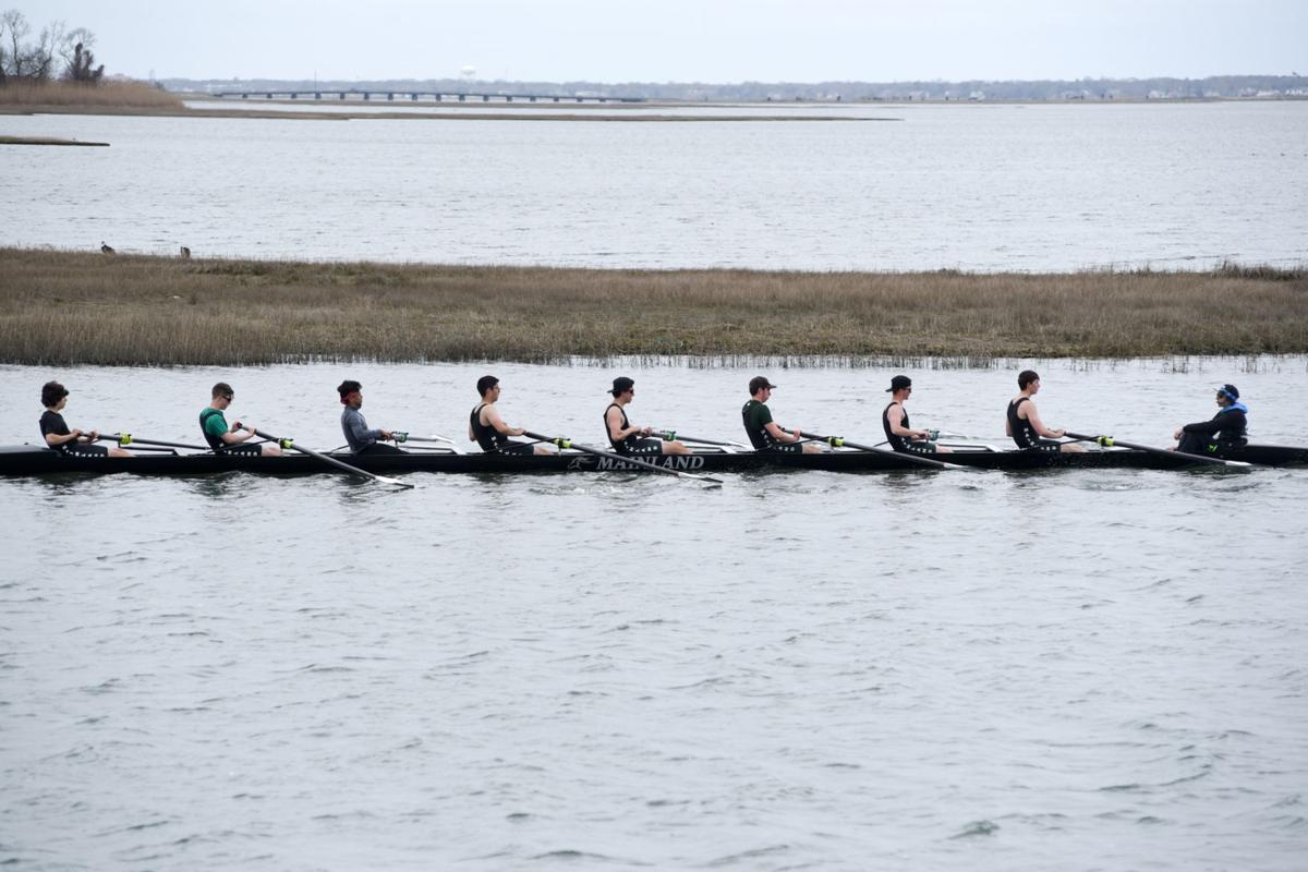 Image captured during the First Annual Back Bay Challenge between Mainland and Ocean City’s Boys Crew held at the Dr. John W. Holland Boathouse and along the mile stretch on Harvard Ave. in Ventnor Saturday, April 15, 2017. Dave Griffin / for the Press