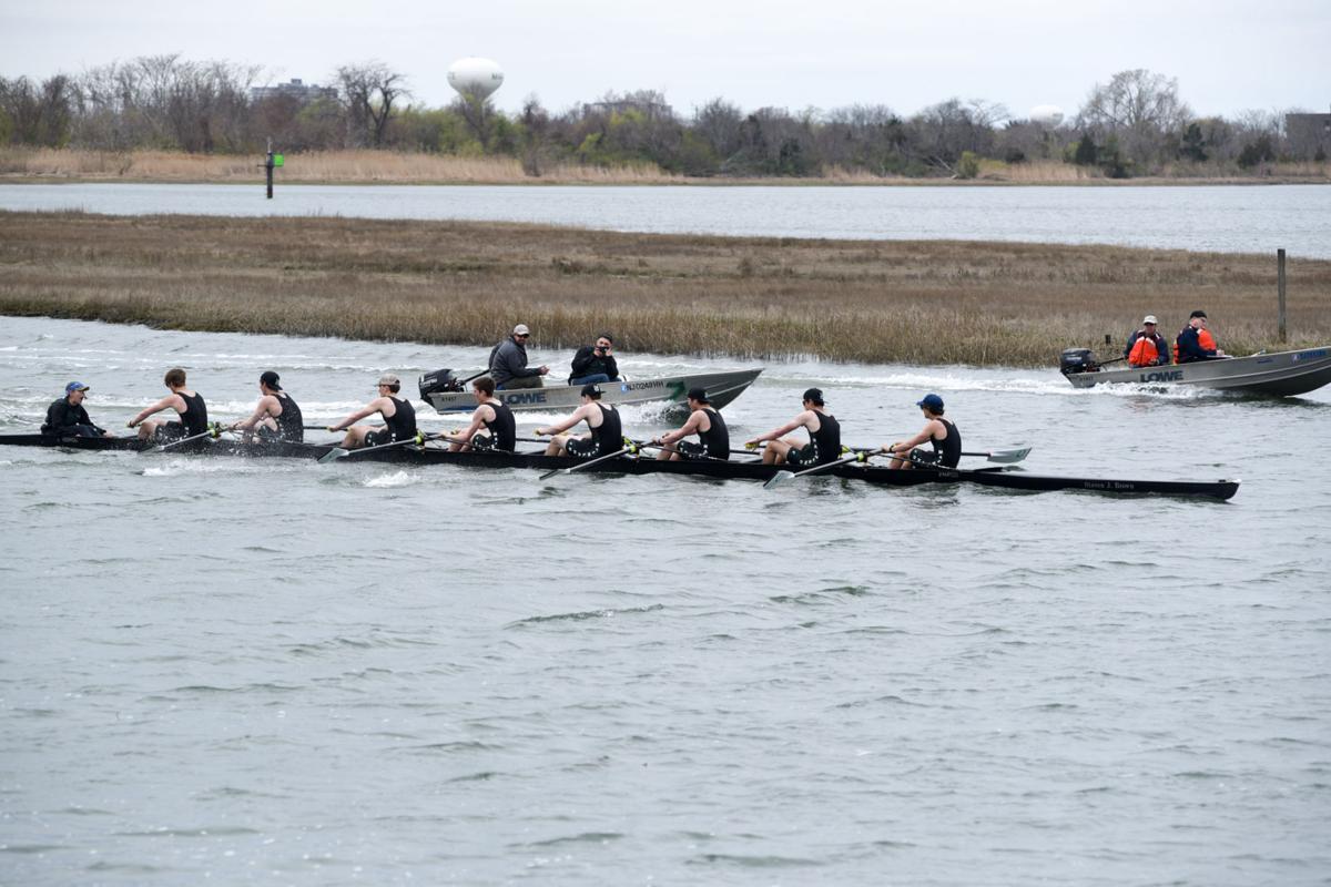 Image captured during the First Annual Back Bay Challenge between Mainland and Ocean City’s Boys Crew held at the Dr. John W. Holland Boathouse and along the mile stretch on Harvard Ave. in Ventnor Saturday, April 15, 2017. Dave Griffin / for the Press