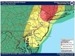 Storm clouds over the Jersey Shore with potential for severe weather and flooding