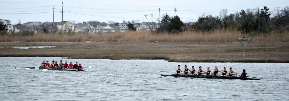 Image captured during the First Annual Back Bay Challenge between Mainland and Ocean City’s Boys Crew held at the Dr. John W. Holland Boathouse and along the mile stretch on Harvard Ave. in Ventnor Saturday, April 15, 2017. Dave Griffin / for the Press