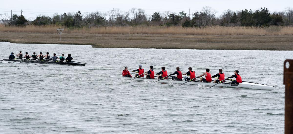Image captured during the First Annual Back Bay Challenge between Mainland and Ocean City’s Boys Crew held at the Dr. John W. Holland Boathouse and along the mile stretch on Harvard Ave. in Ventnor Saturday, April 15, 2017. Dave Griffin / for the Press