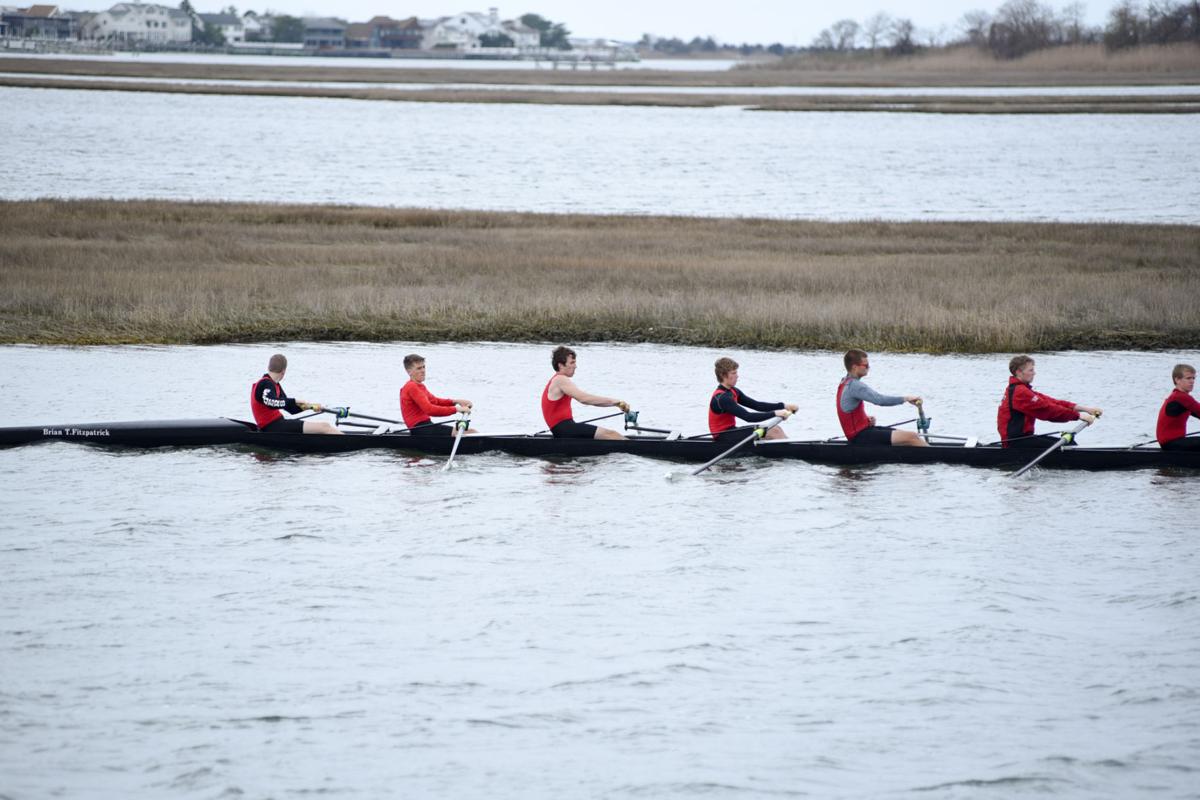 Image captured during the First Annual Back Bay Challenge between Mainland and Ocean City’s Boys Crew held at the Dr. John W. Holland Boathouse and along the mile stretch on Harvard Ave. in Ventnor Saturday, April 15, 2017. Dave Griffin / for the Press
