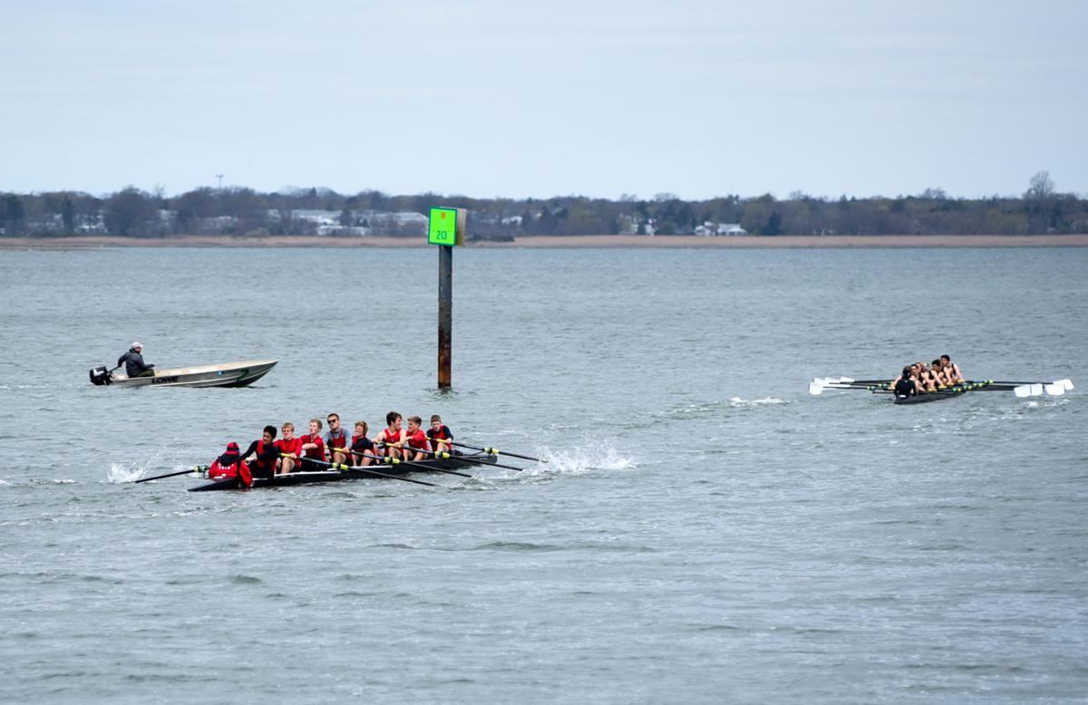 Image captured during the First Annual Back Bay Challenge between Mainland and Ocean City’s Boys Crew held at the Dr. John W. Holland Boathouse and along the mile stretch on Harvard Ave. in Ventnor Saturday, April 15, 2017. Dave Griffin / for the Press