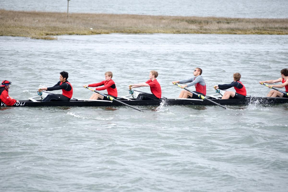 Image captured during the First Annual Back Bay Challenge between Mainland and Ocean City’s Boys Crew held at the Dr. John W. Holland Boathouse and along the mile stretch on Harvard Ave. in Ventnor Saturday, April 15, 2017. Dave Griffin / for the Press