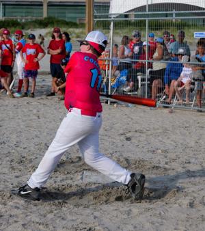 Players compete in the MudHen Beach Baseball Tournament on Rio Grande Avenue beach in Wildwood, New Jersey