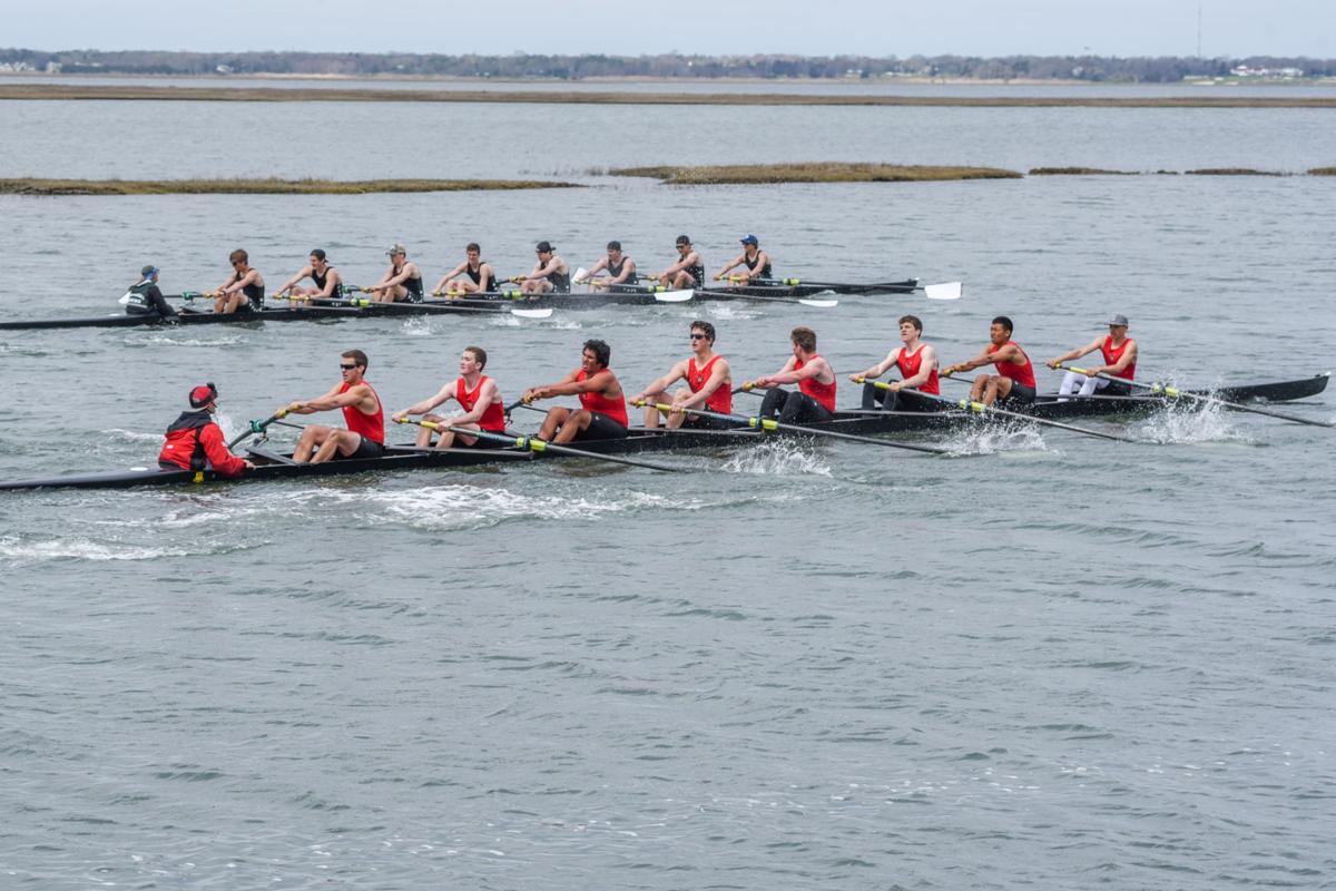 Mainland and Ocean City’s Varsity 8 crew battle it out to a photo finish during the First Annual Back Bay Challenge held at the Dr. John W. Holland Boathouse and along the mile stretch on Harvard Ave. in Ventnor. Dave Griffin / for the Press