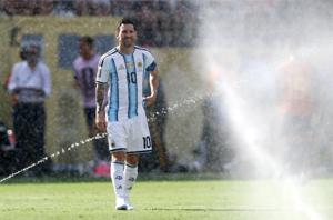 Lionel Messi during a hydration break in the FIFA World Cup final between Argentina and Spain at New York New Jersey Stadium in East Rutherford, New Jersey