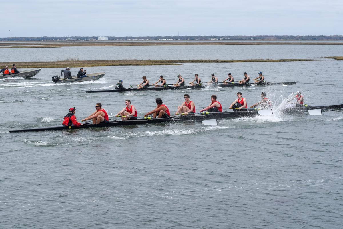 Mainland and Ocean City’s Varsity 8 crew battle it out to a photo finish during the First Annual Back Bay Challenge held at the Dr. John W. Holland Boathouse and along the mile stretch on Harvard Ave. in Ventnor. Dave Griffin / for the Press