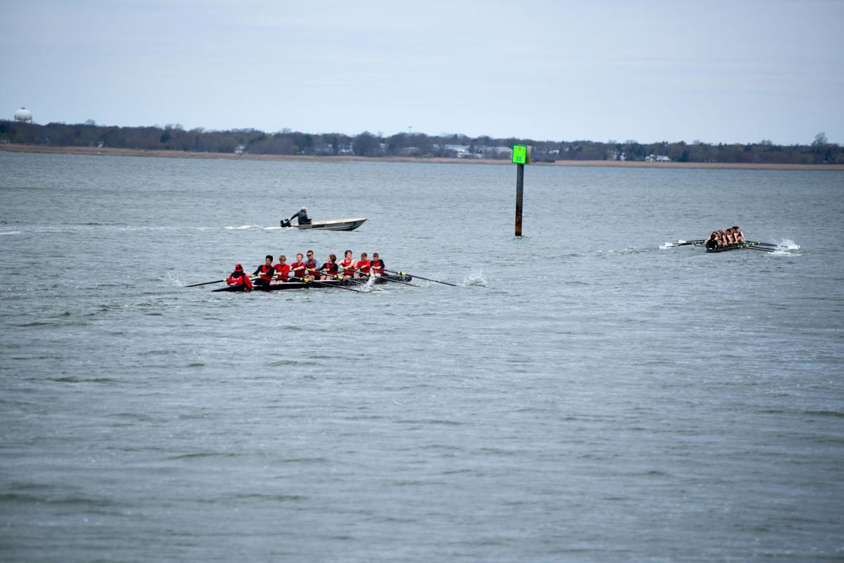 Image captured during the First Annual Back Bay Challenge between Mainland and Ocean City’s Boys Crew held at the Dr. John W. Holland Boathouse and along the mile stretch on Harvard Ave. in Ventnor Saturday, April 15, 2017. Dave Griffin / for the Press