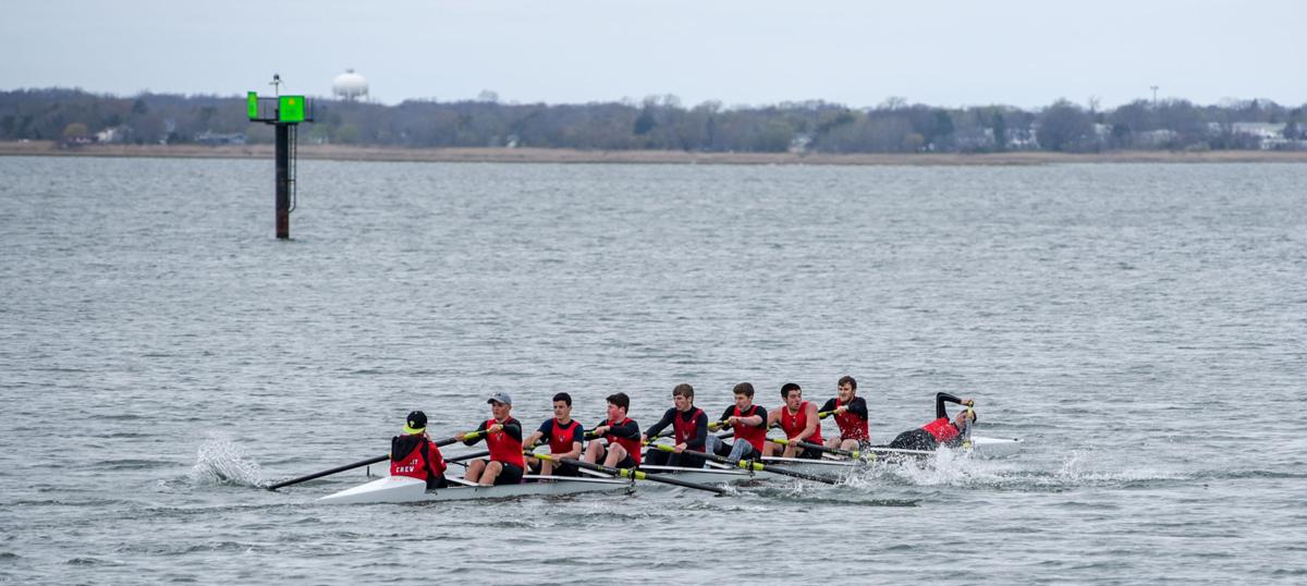 Image captured during the First Annual Back Bay Challenge between Mainland and Ocean City’s Boys Crew held at the Dr. John W. Holland Boathouse and along the mile stretch on Harvard Ave. in Ventnor Saturday, April 15, 2017. Dave Griffin / for the Press