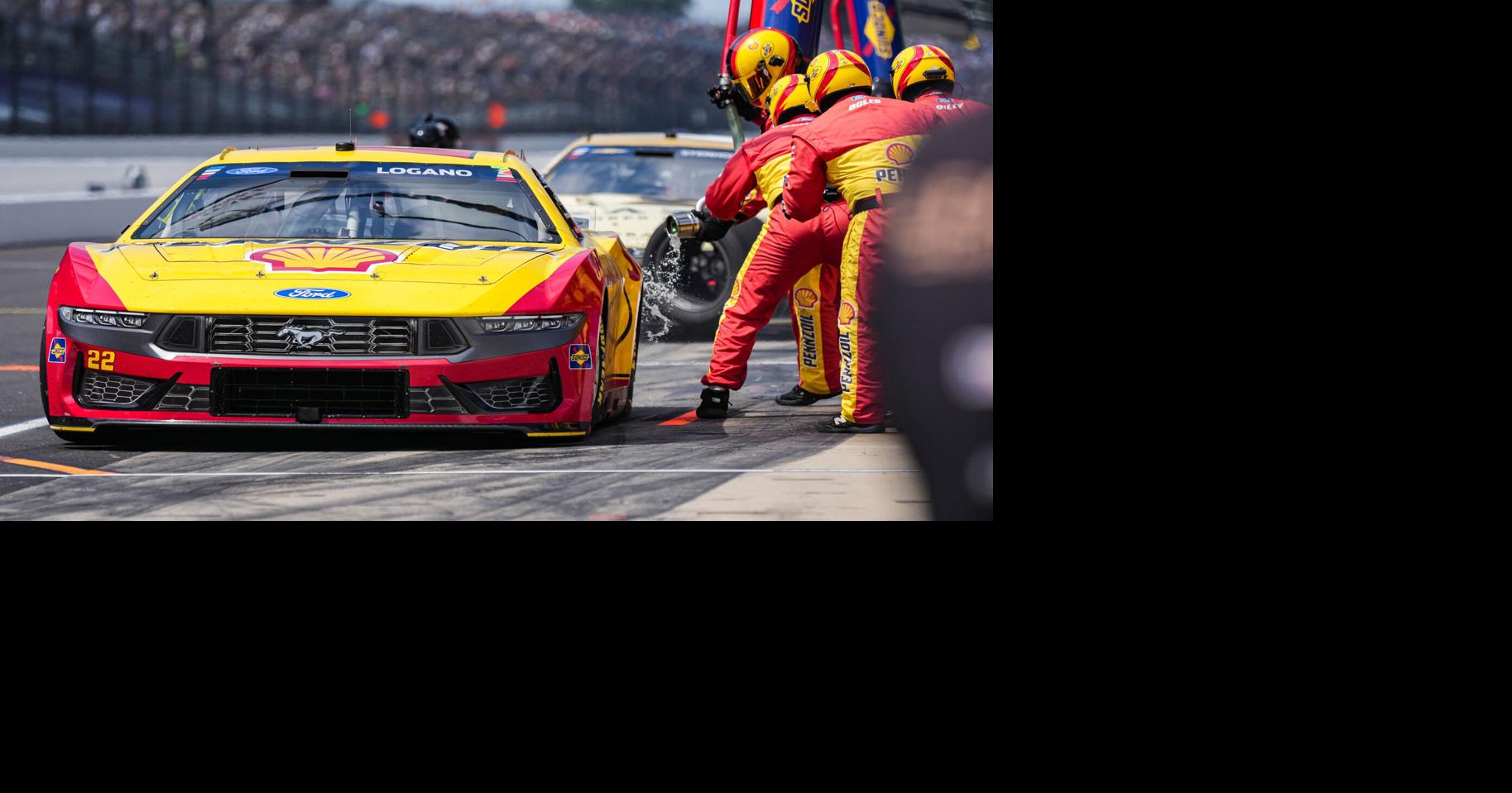NASCAR Cup Series driver Joey Logano (22) makes a pit stop on Sunday, July 26, 2026, during the Brickyard 400 at Indianapolis Motor Speedway.