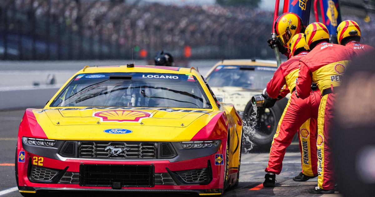 NASCAR Cup Series driver Joey Logano (22) makes a pit stop on Sunday, July 26, 2026, during the Brickyard 400 at Indianapolis Motor Speedway.
