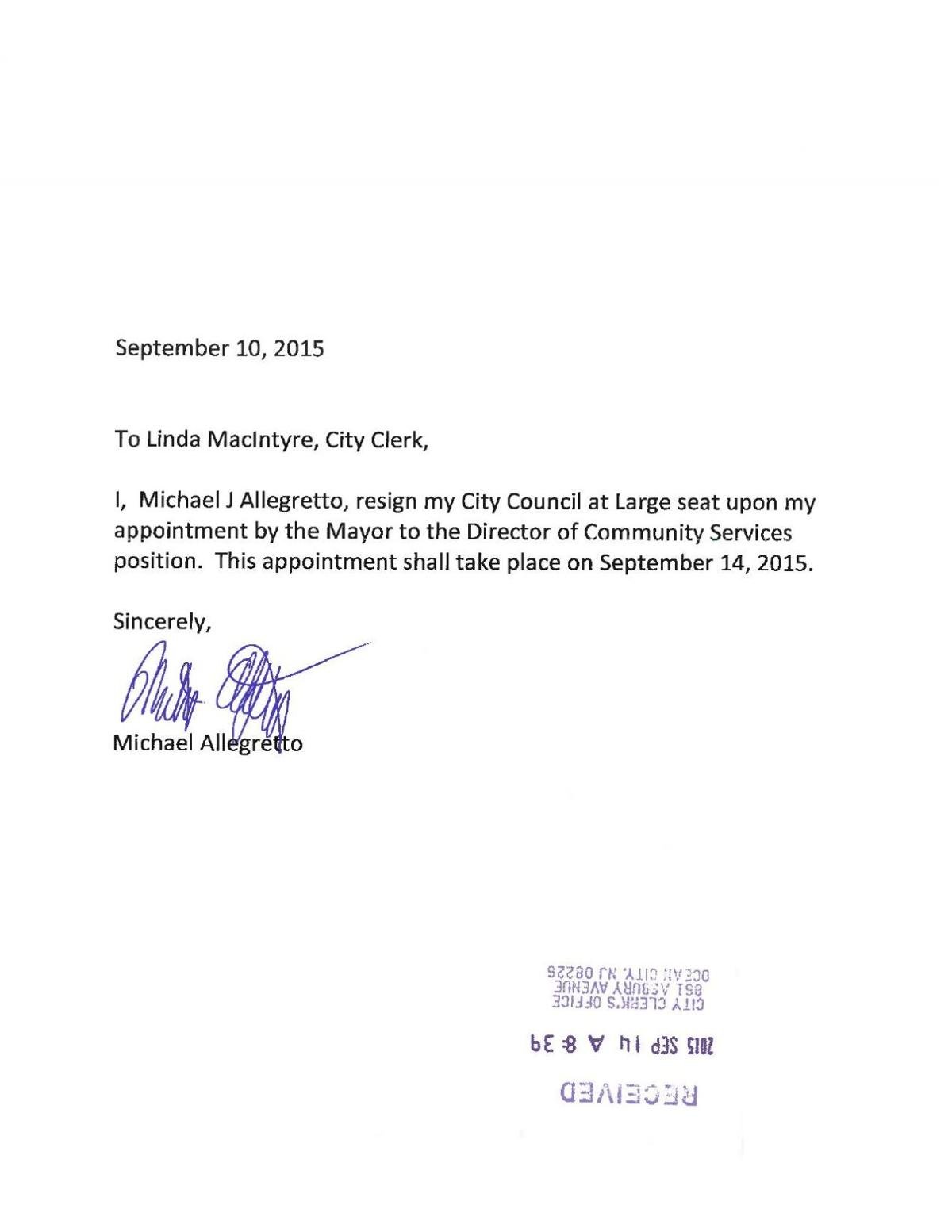 ocean city councilman resigns seat to accept director expected salary letter