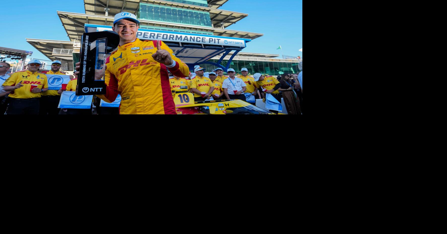 Chip Ganassi Racing driver Alex Palou celebrates winning the pole position during qualifying at Indianapolis Motor Speedway on
