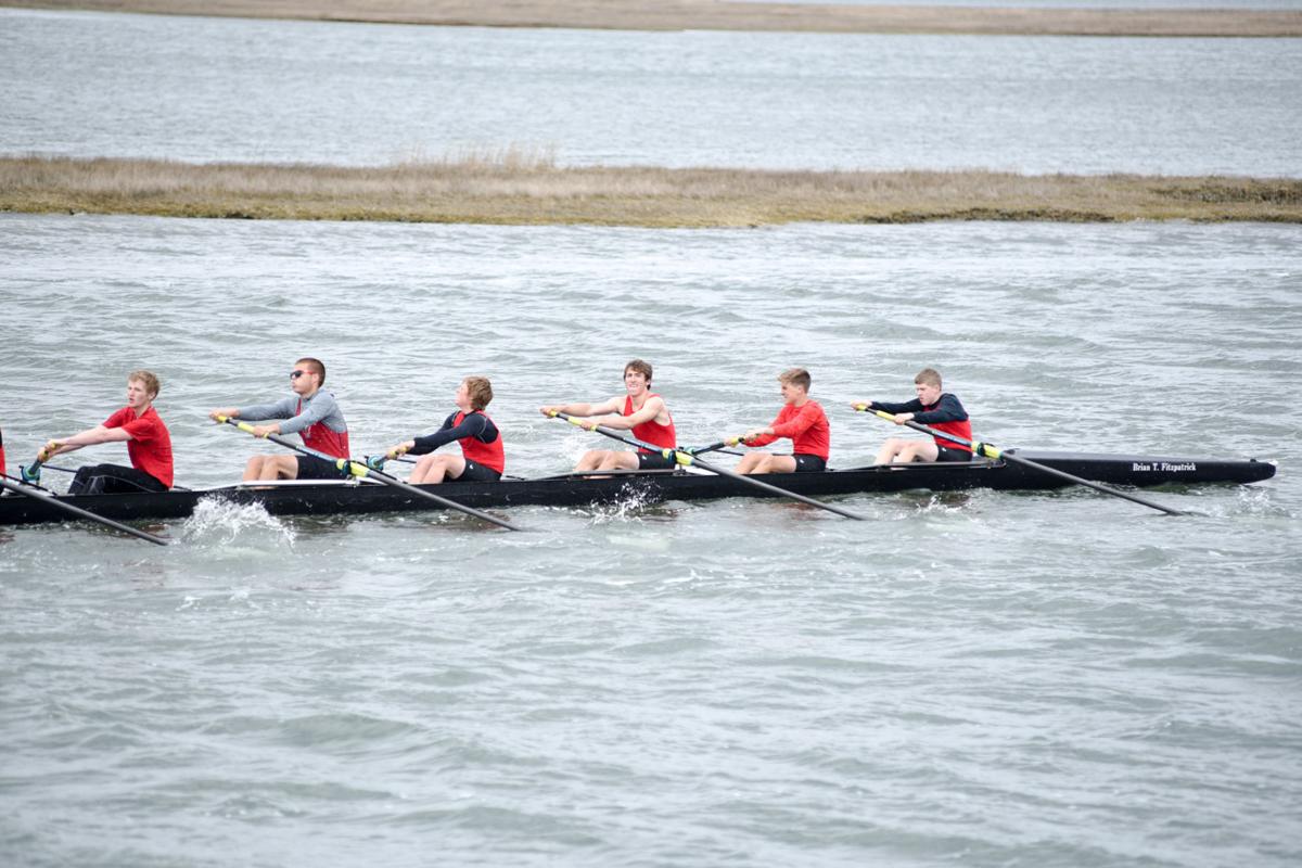 Image captured during the First Annual Back Bay Challenge between Mainland and Ocean City’s Boys Crew held at the Dr. John W. Holland Boathouse and along the mile stretch on Harvard Ave. in Ventnor Saturday, April 15, 2017. Dave Griffin / for the Press