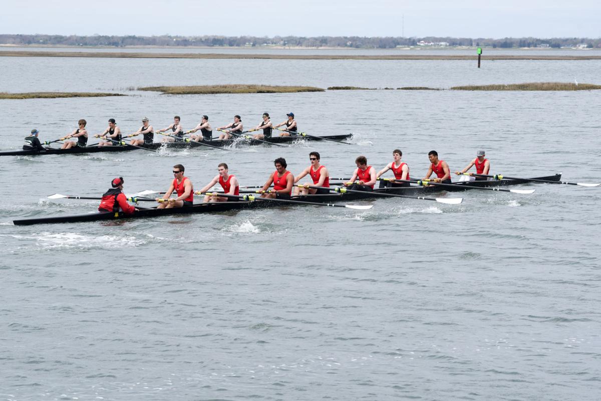 Mainland and Ocean City’s Varsity 8 crew battle it out to a photo finish during the First Annual Back Bay Challenge held at the Dr. John W. Holland Boathouse and along the mile stretch on Harvard Ave. in Ventnor. Dave Griffin / for the Press